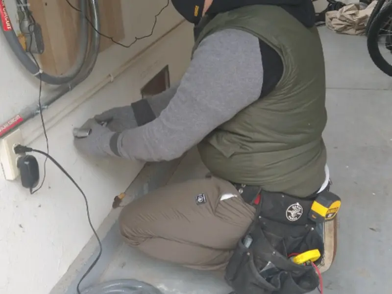 Electrician performing outlet wiring in a Troy garage
